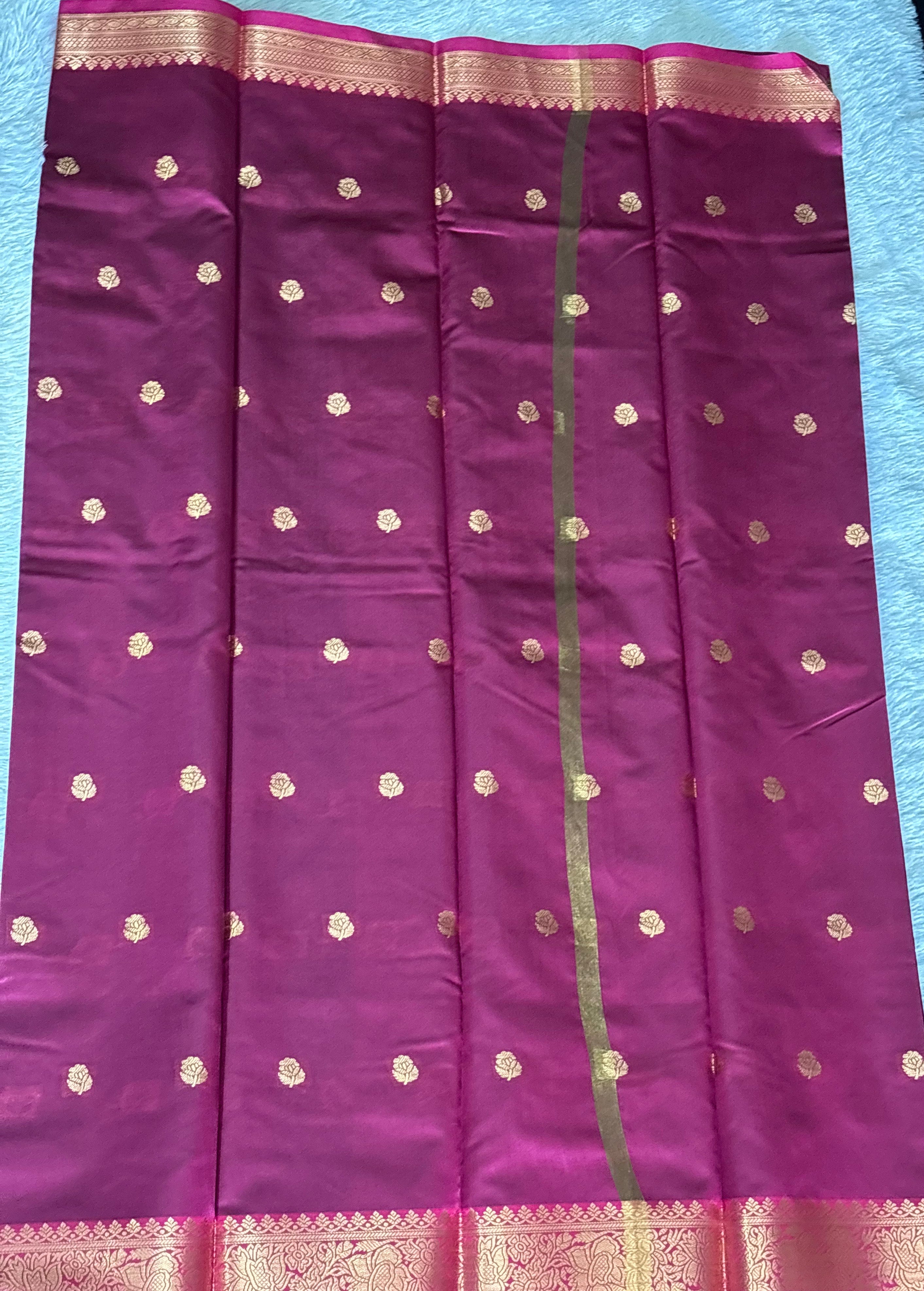 Soft Silk Saree – Wine with Pink & Golden Zari Buttas