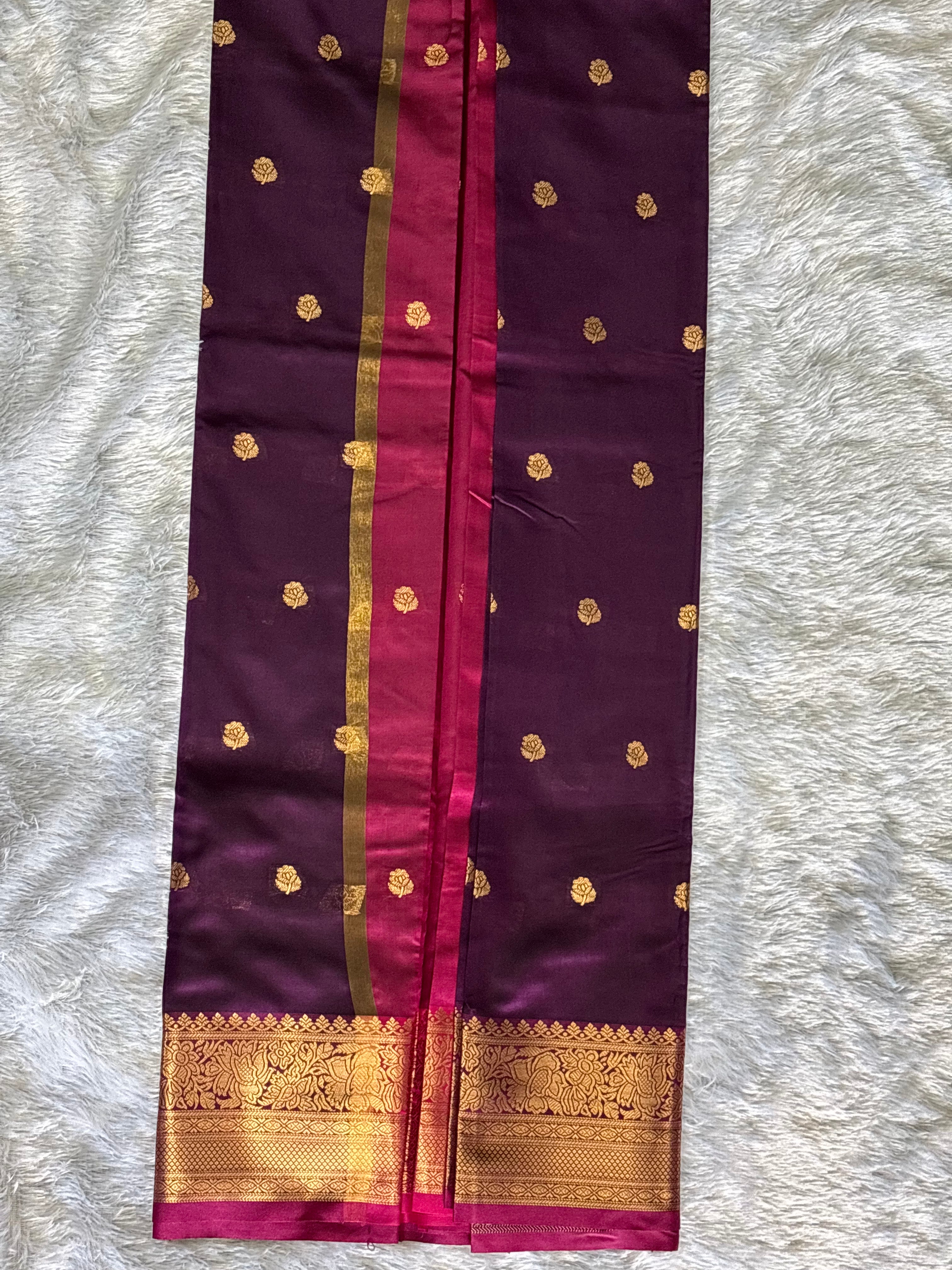 Soft Silk Saree – Wine with Pink & Golden Zari Buttas