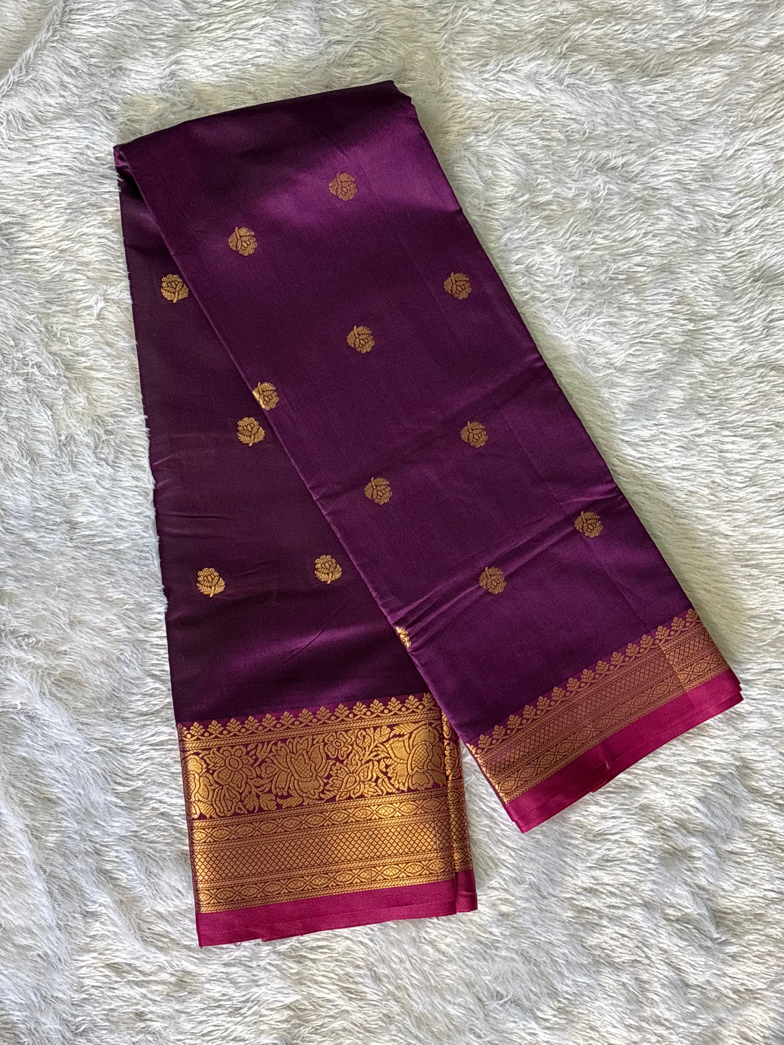 Soft Silk Saree – Wine with Pink & Golden Zari Buttas