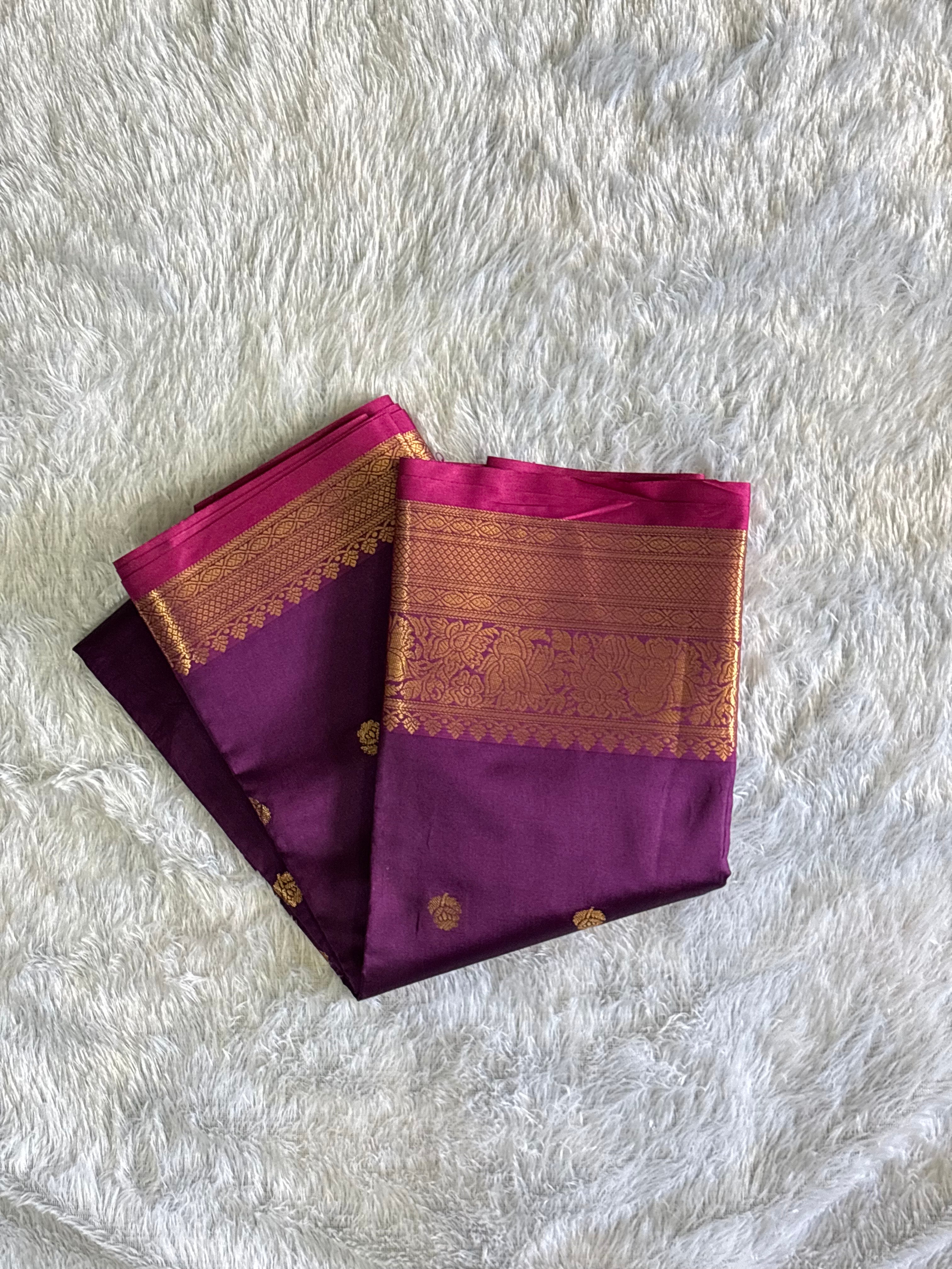 Soft Silk Saree – Wine with Pink & Golden Zari Buttas